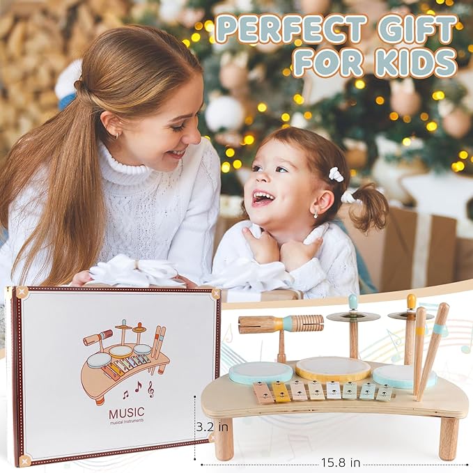 Kids Drum Set, Montessori Musical Instruments for Toddlers 1-3, Wooden Musical Toys for Baby 12-18 Months, Preschool Educational Xylophone Drum Kit, Birthday Gift for Boys Girls Ages 3+