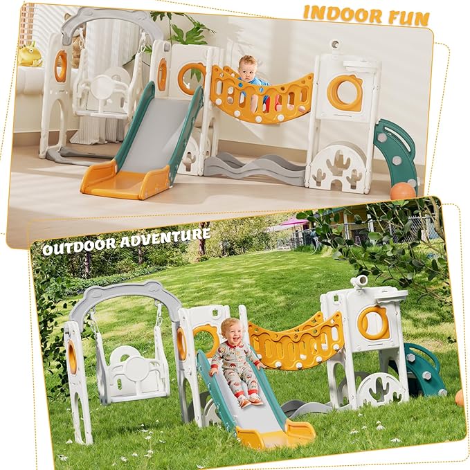 KORIMEFA 11 in 1 Toddler Slide and Swing Set, Kids Slide for Toddlers, Outdoor Indoor Playground for Toddlers 1-3, Toddler PlaySet with Basketball Hoop and Ball Golf Set, Climbing Arch(Yellow & Green)