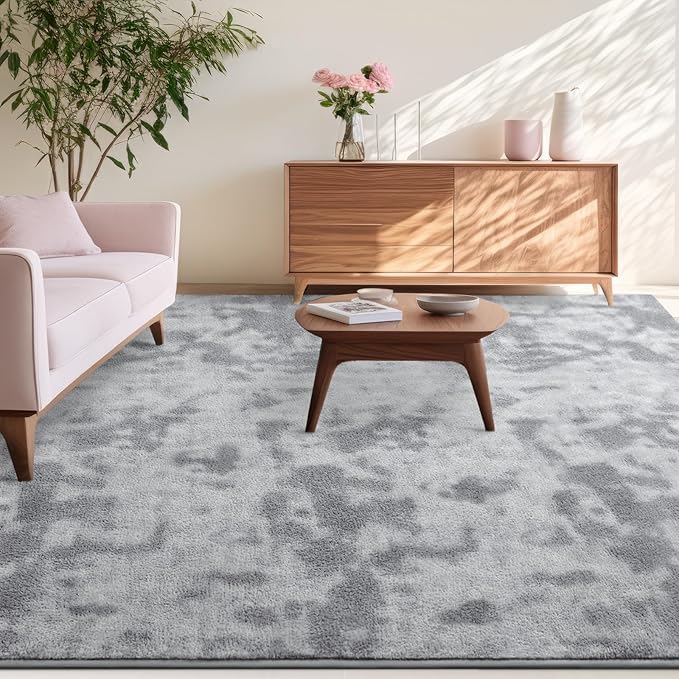 Kimicole 7x10 Washable Area Rugs for Living Room Bedroom, Large Low Pile Ulta-Thin Solid Color Rug, Non-Slip Soft Fluffy Carpet for Nursery Kids Room Dorm Room Home Decor (Light Grey)