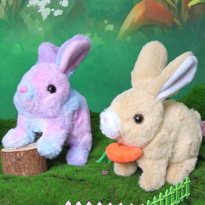 Easfan Easter Hopping Bunny Plush with Carrot Jumping Spotted Rabbit Ears Nose Moving Educational Plush Toy Interactive Toy Electric Birthday Gift for Toddlers Kids,7"