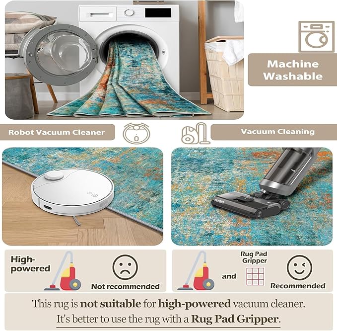 Washable Area Rugs 3'x5' Non-Slip Modern Abstract Soft for Living Room Entryway Bedroom Nursery, Print Pattern, Teal Blue Green Orange Rust Red Colorful