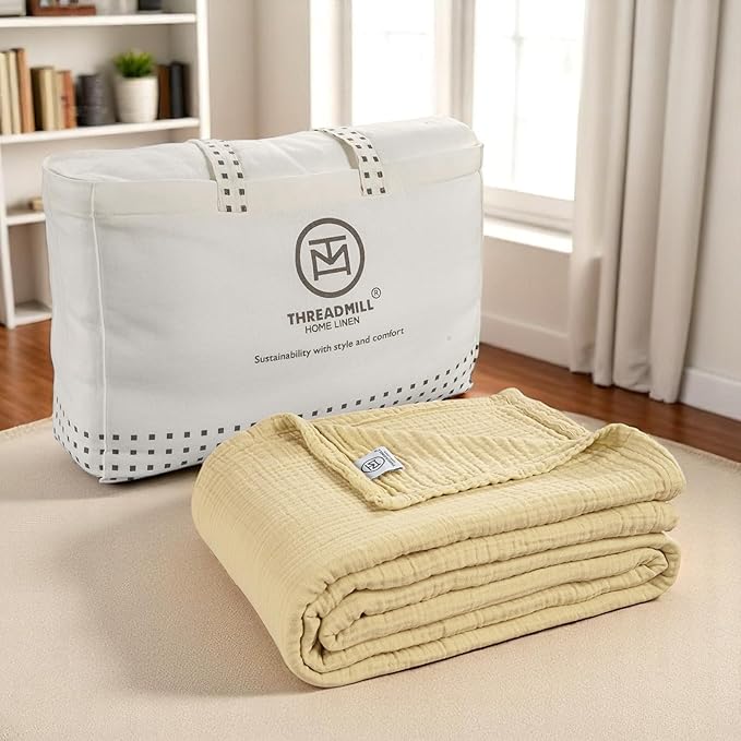 Threadmill Summer Muslin Twin Blanket | 4-Layer Gauze for Couch or Bed | Cozy All-Season Lightweight | 100% Cotton Ideal for Bed| Blanket