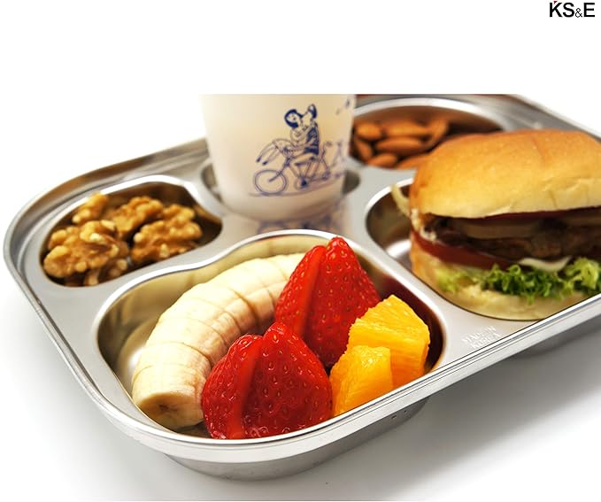 Korean Stainless Steel Divided Plates by KS&E, Little Kids Toddlers Babies small Tray, BPA Free, Diet Food Control, Compact Serving Platter, Snack, 5 Compartment Plate Silver, Set of 2