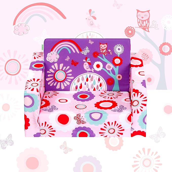 MallBest Kids Sofas Children's Sofa Bed Baby's Upholstered Couch Sleepover Chair Flipout Open Recliner(Pink/Flowers)