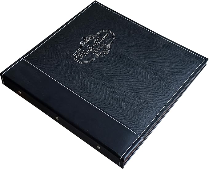 Photo Album Can Hold 3X5, 4X6, 5X7, 6X8, 8X10 Photos, Leather Cover, Magnetic Self-Stick Page, Hand Made DIY Albums (Black, Large)