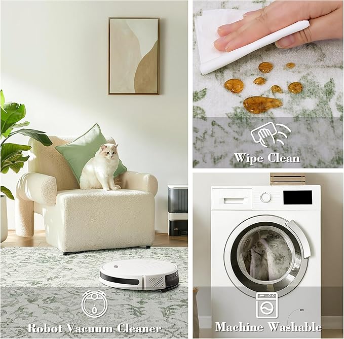 Sage Vintage Area Rug 5x7 for Living Room Bedroom, Washable Distressed Farmhouse Soft Thin Non-Shedding Indoor Throw Rug, Traditional Accent Carpet for Bedroom Office