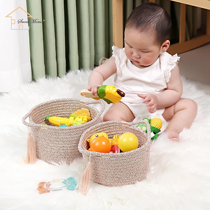 Small Soft Organizer Baskets,Decorative Mini Round Woven Rope Storage Bin Empty Gift Baskets for Man,Office, Desk Decor, Gifting, Kids, Toys, Pre Shaped, Brown, 2 Pack