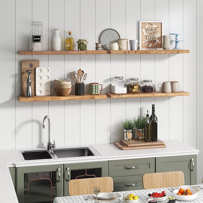 Rustic Elm Wood Floating Shelves for Wall, Live Edge 24"W x 9.2"D x 1.4"H, Set of 2 with Invisible Bracket, Wall Mounted Storage Shelves for Living Room Bedroom Kitchen Bathroom Decor, Natural Finish