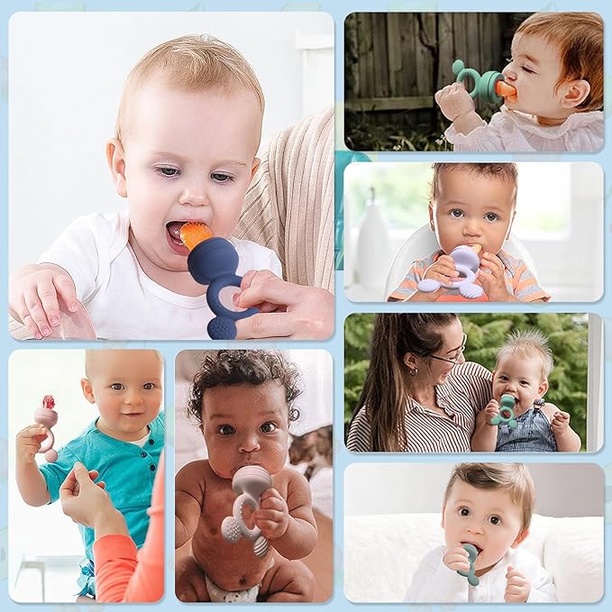 Baby Fruit Feeder, Frozen Teething Toys, Teether Pacifier with 3 Extra Teats, Infant Eating Essentials, BPA Free Baby Feeding Supplies (Pink)