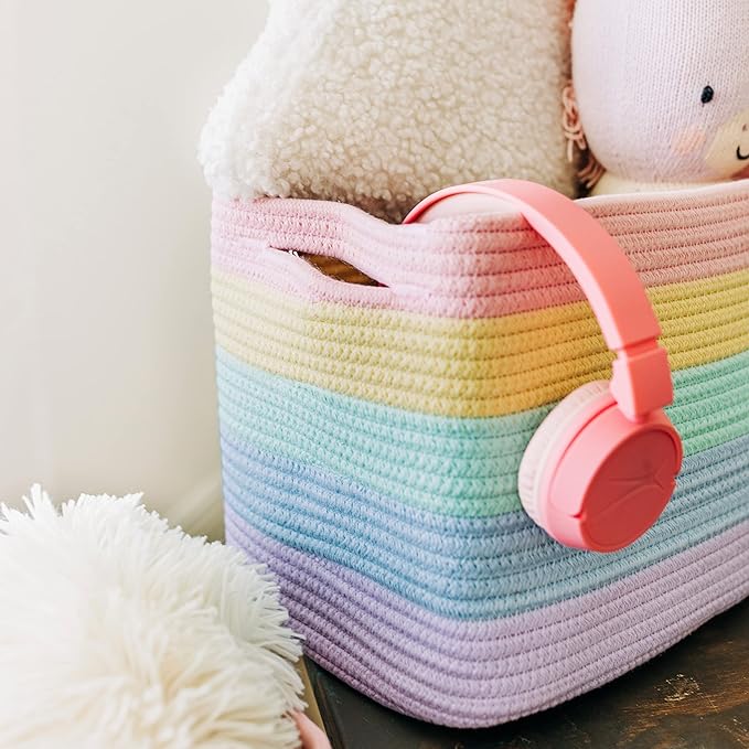 OrganiHaus Rope Rainbow Storage Baskets for Shelves | Rainbow Baskets for Pastel Classroom Decor | Baby Basket for Pastel Room Decor | Pastel Rainbow Storage Bins Colorful Baskets for Baby Room
