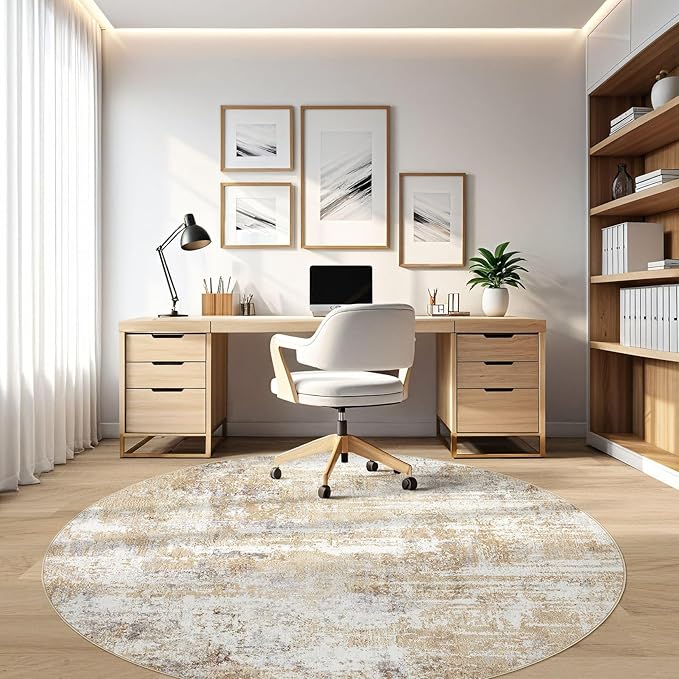 Round Rug Living Room Rugs: 5Ft Washable Circle Large Abstract Modern Soft Stain Resistant Non Slip Indoor Floor Carpet for Bedroom Nursery Office Dining Room Dorm Home House Decor- Gray Gold