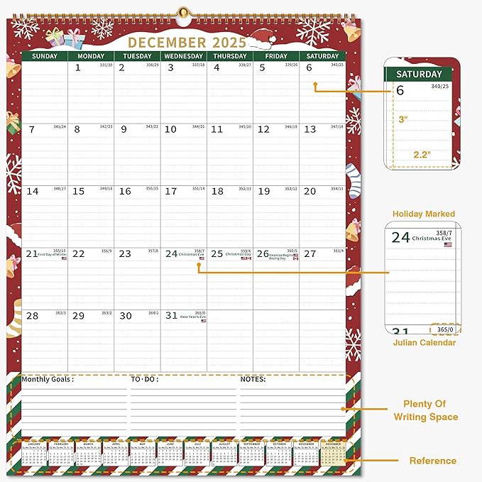 Wall Calendar 2025-2026 Large with Spiral Bound, 18 Month Big Calendar from Jan 2025 to Jun 2026, Vertical Large Monthly Desk Calendar 2025-2026 for Wall, Calendario 2025 (17"x22")