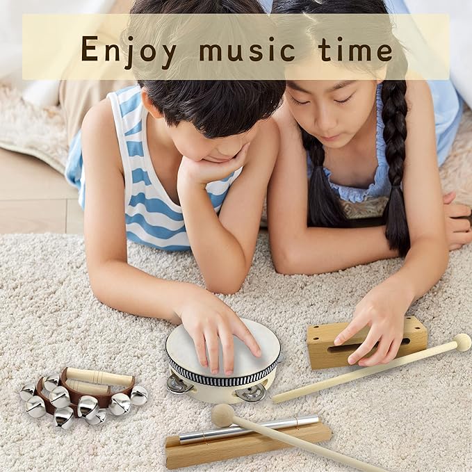 VINJOE Wooden Music SetโKids Musical Instruments Toys, Natural Wood Percussion Instruments Toy for Kids Preschool Education Baby Musical Toys Instrument Set for Toddlers Best Gifts for Christmas