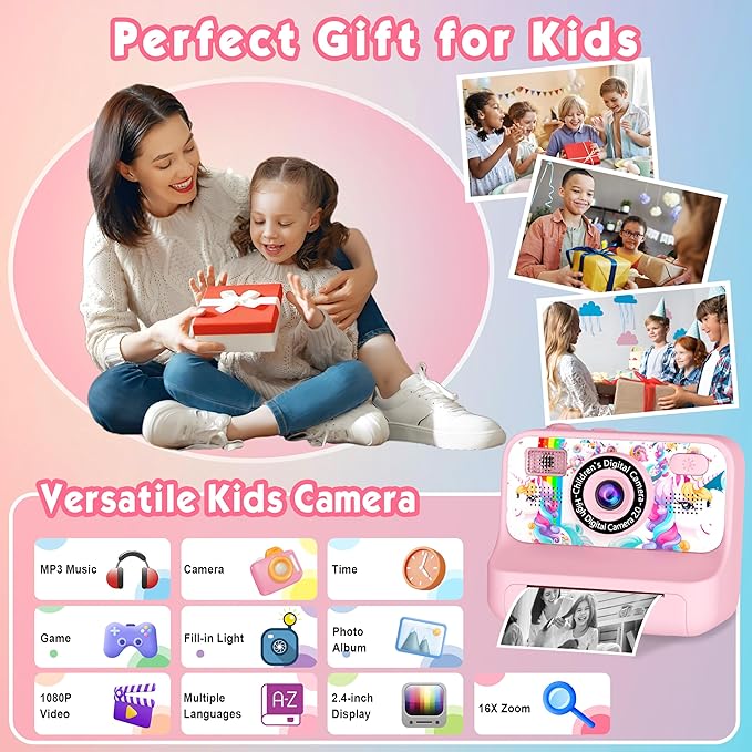Kids Camera, Upgrade Kids Camera Instant Print, Front Rear Dual Selfie Digital CAM with 1080P Videos, Portable Travel Toy with Games and Music, Christmas Birthday Gift for Boys, Girls and Teens