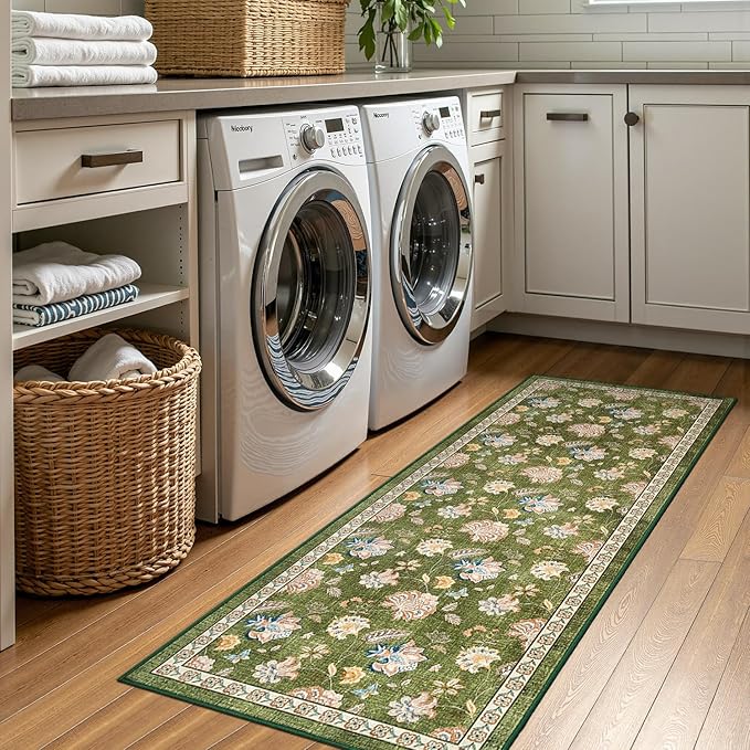 jinchan 2x5 Floral Runner Rug for Hallway Washable Kitchen Runner Vintage Romance Design Non Slip Thin Indoor Floor Cover Low-Profile Throw Carpet for Entryway Bathroom Bedroom Porch, Green
