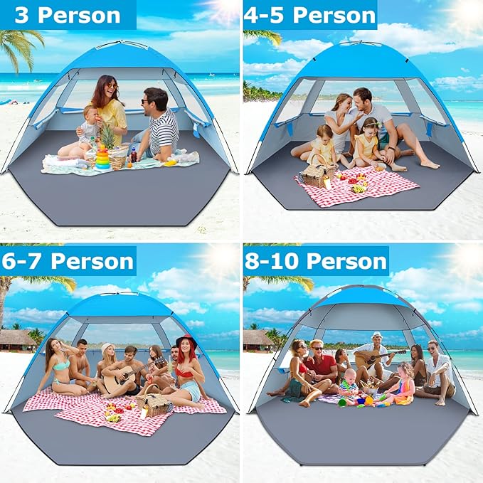Gorich Beach Tent Sun Shelter for 3/4-5/6-7/8-10 Person with UPF 50+ UV Protection, Lightweight & Easy Setup Beach Shade Canopy, Portable Beach Shade Tent Beach Cabana