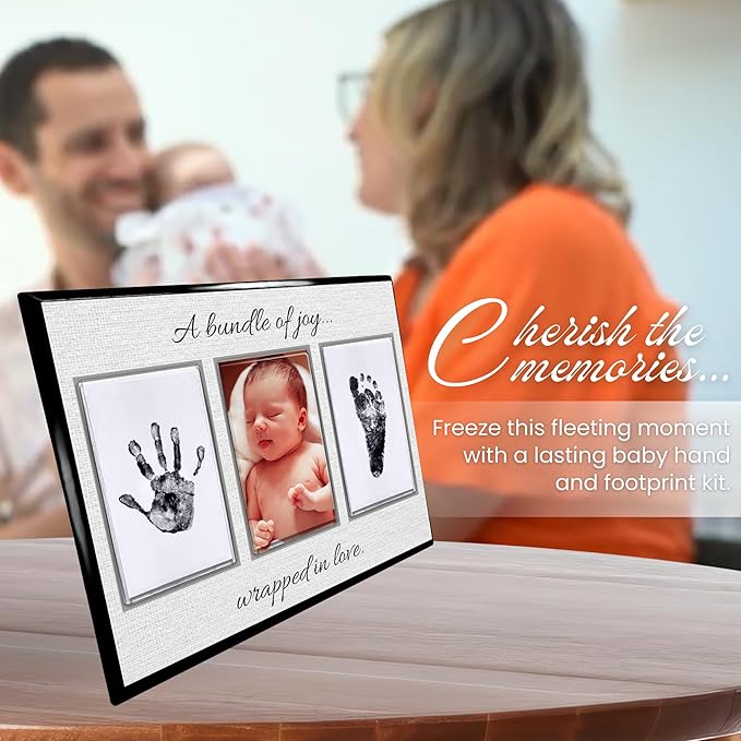 Baby Hand and Footprint Kit with Photo & Birth Details, Inkless Hand and Footprint Kit, Newborn Keepsake Plaque, Baby Shower Gifts (STYLE 2 (Baby Shower) (A Bundle Of Joy))