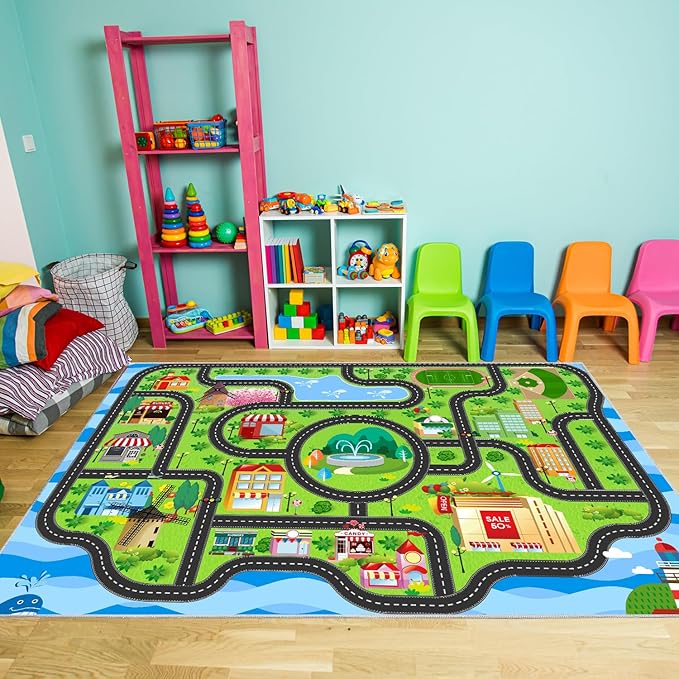 Car Rug,Kids Play Rug with Roads,Playroom Toy Car Rug, Car Track Rug City Map for Bedroom Classroom - (78.7X59 Inches)
