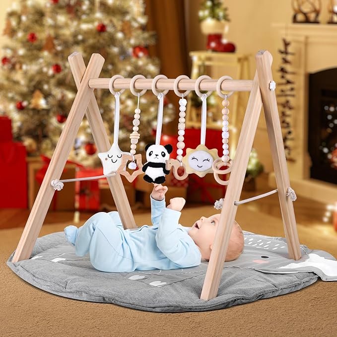 Wooden Baby Play Gym with Mat,Foldable Activity Gym for Newborns 0-12 Months,6 Hanging Sensory Toys for Infant Development,Montessori Toys for Baby Boys & Girls Shower Gift (Elephant)