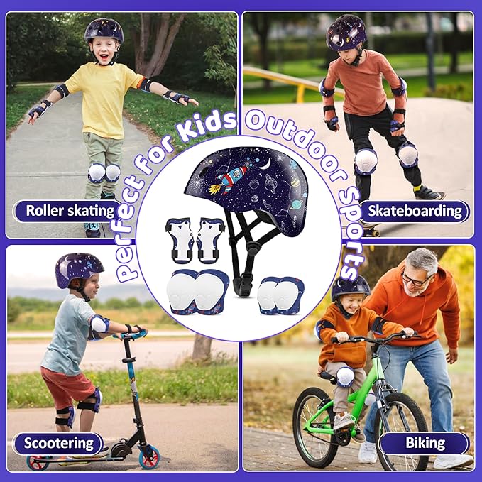 Vvinca Kids Toddlers Bike Helmet Adjustable for Ages 3-5-8 Years, Knee Pads and Elbow Pads Set Wrist Guard Sports Protective Gear Set for Roller Skate Bicycle Skateboard Scooter Girl Boy Birthday Gift