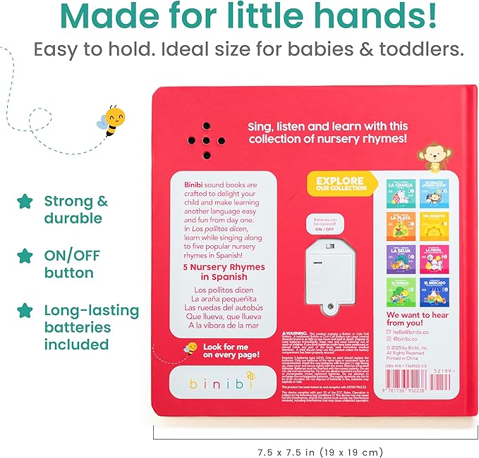 Binibi Spanish Musical Book for Babies & Toddlers 1-3 Los Pollitos Dicen & Other Nursery Rhymes | Spanish Learning for Kids | Bilingual Children's Book | Sound Book | Libro en espaรฑol para bebรฉs