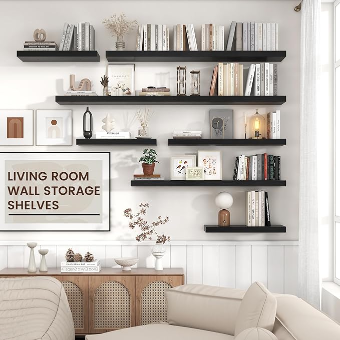 Floating Shelves for Wall, Large Wall Mounted Shelves with Invisible Brackets, Long Wood Floating Shelf for Living Room, Bedroom, Kitchen, (Black, 72" W x 9" D x 1.5" H)