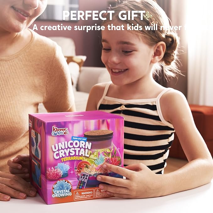 Klever Kits Make Your Own Unicorn Crystal Terrarium Crafts Kit for Kids-Crystal Growing Science 12 Color LED Night Light Unicorn Birthday Gifts Toys for Girls