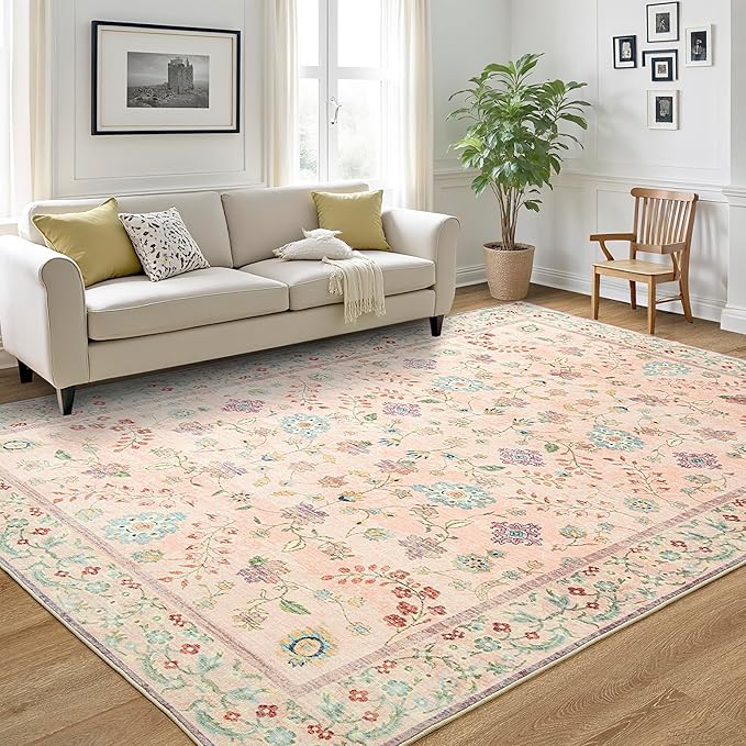 LOCHAS Washable Area Rugs 4x6, Pink Floral Rug for Living Room Bedroom Non Slip, Ultra Soft Vintage Indoor Carpet for Kids, Nursery, Dorm, Dining Room, Classroom, Boho Flower Home Decor, Low-Pile