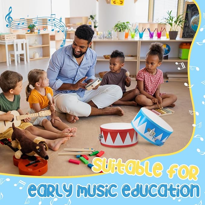 Boao 4 Pcs Kids Drum Set, 8 Inch Toddler Drum Wooden Toy with Adjustable Strap and 4 Drumsticks, Educational Sensory Musical Instrument for Toddlers Kid Baby Boys Girls Gift (Flag)