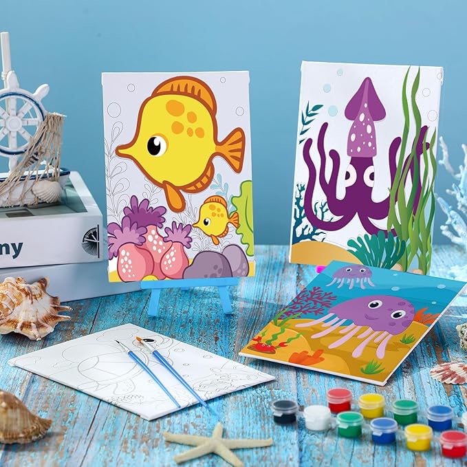 Blosssound 10 Set Pre Printed Canvas Pre Drawn Canvas Painting with Easel Kits 5" x 7" Outline Painting Panels for Beginners, DIY Craft Project, Party Favor, Home Decors(Ocean)
