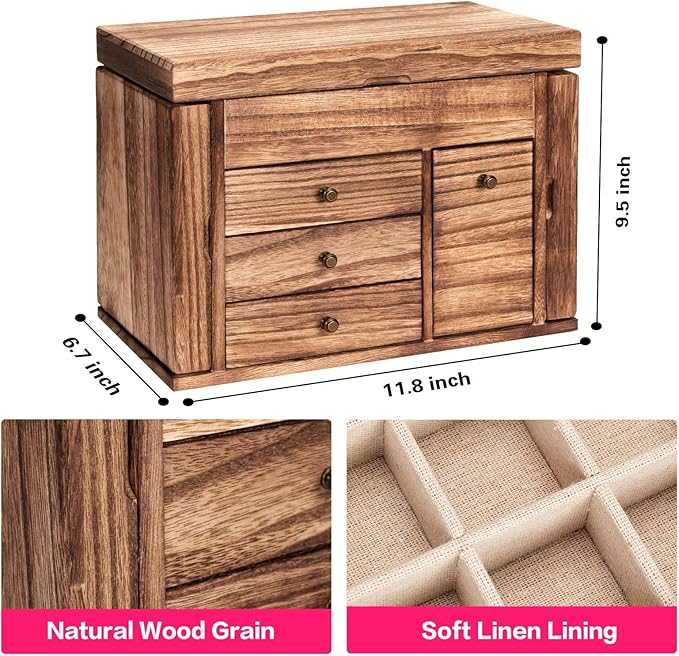 Jewelry Box Organizer, Solid Wood Jewelry Boxes for Women for Storage & Display Necklace Ring Earring Bracelet, Rustic Style Jewelry Organizer Box for Women Gifts (Carbonized Brown)