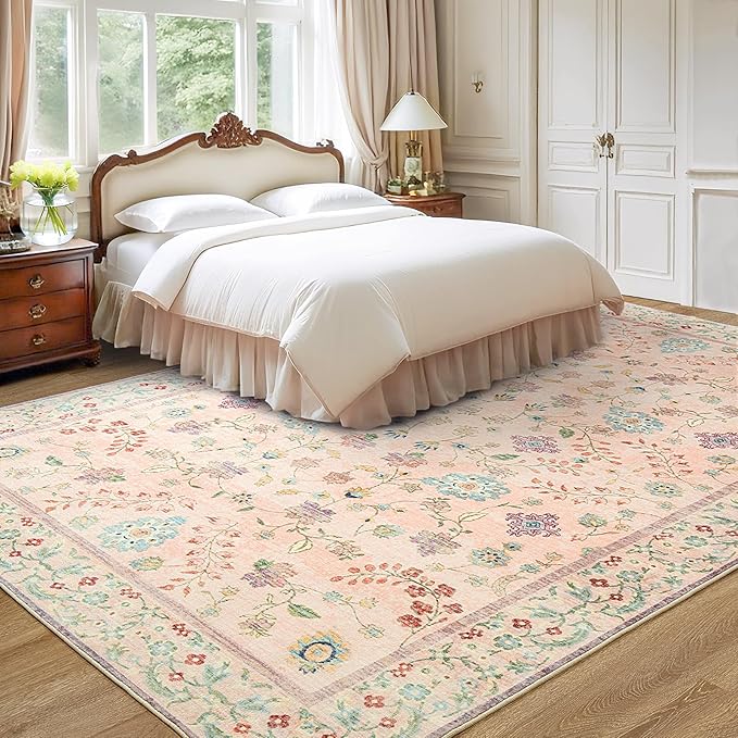 LOCHAS Washable Area Rugs 8x10, Pink Floral Rug for Living Room Bedroom Non Slip, Ultra Soft Vintage Indoor Carpet for Kids, Nursery, Dorm, Dining Room, Classroom, Boho Flower Home Decor, Low-Pile