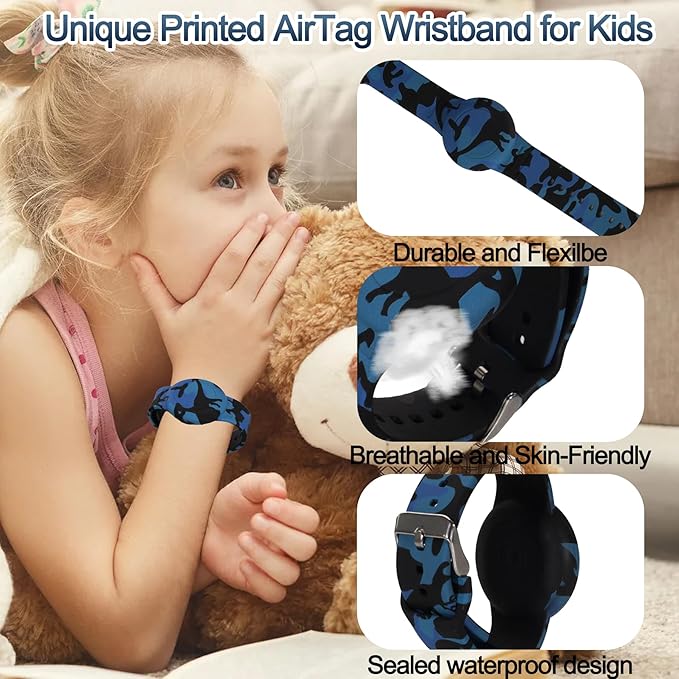 Waterproof AirTag Bracelet for Kids, Hidden Printed Wristband for Apple Air Tag, Silicone AirTag Holder GPS Tracker Case for Band for Child Toddler, Secure Anti-Lost Protection(Black)
