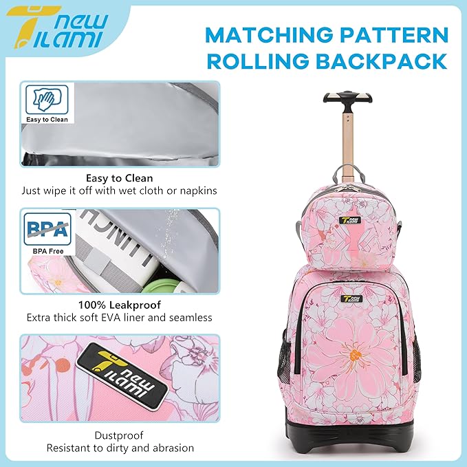 NEW TILAMI Girls & Boys Rolling Backpack - Moisture-Wicking, Adjustable Handle, Large Capacity, Perfect for School & Travel, Pink Flowers