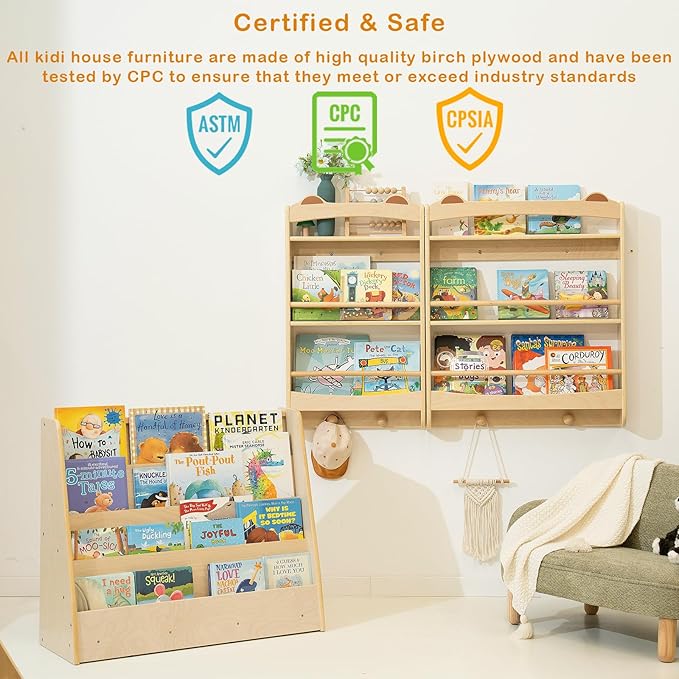 Wall Bookshelf - 3-Tier Floating Wooden Shelves for Kids Room, Nursery, Baby Room, Playroom, Living Room - Birch Hanging Montessori Bookshelf (Narrow)