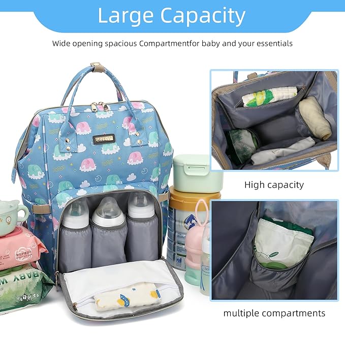 Diaper Bag Backpack, Diaper Bags for Baby Girls Boys, Baby Bags for Moms Dads, Nappy Changing Bag with Insulated Pockets,Multi-functional Waterproof Backpack with Stroller straps-Deep blue elephant