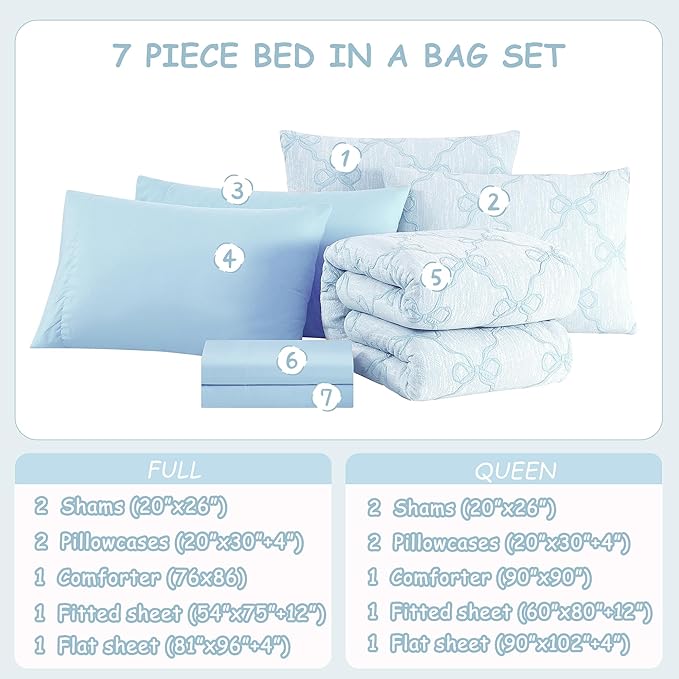 Queen Comforter Set with Sheets for Girls-7 Pieces Queen Bedding Sets with Light Blue Comforter, Sheets, Pillowcases & Shams for Kids (Light Blue Bow Knot, 90" X 90")