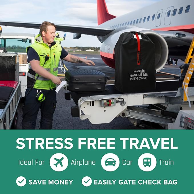 reperkid Medium Stroller Bag for Airplane Travel, Black & Red, 42" H x26 W x13 D, Fits Most Single Strollers Incl. Jogging & Standard Models – Premium Waterproof Cover, Adjustable Shoulder Straps