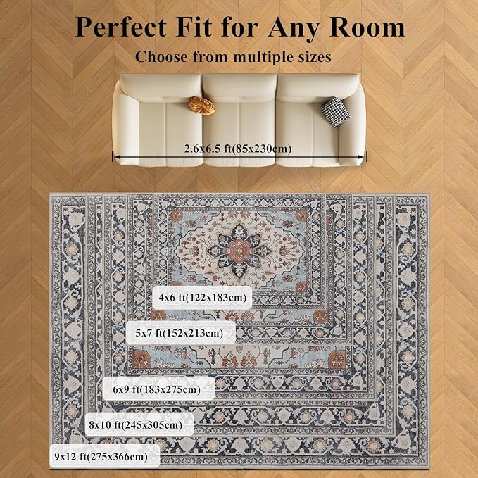 Washable Rugs 5x7 Area Rugs for Living Room, Thin Carpet for Bedroom, Soft Faux Wool Retro Dining Room Rug,Non Slip&Non-Shedding Resistant Low Pile Vintage Print Rug for Home Office (Blue/Gray)