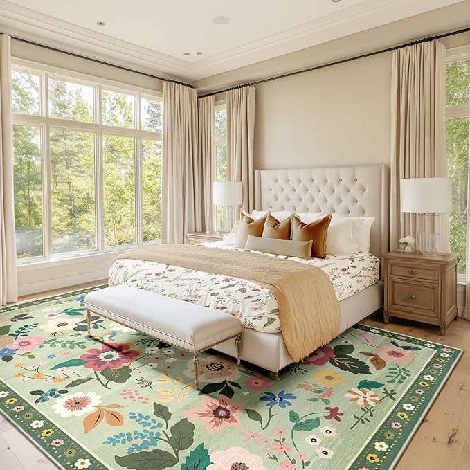 Floral 6x9 Area Rug Machine Washable Soft Print Boho Carpet Non Slip Doormat Low Pile Flower Area Rugs for Living Room Bedroom Nursery Kitchen Dining Room Indoor-Light Green