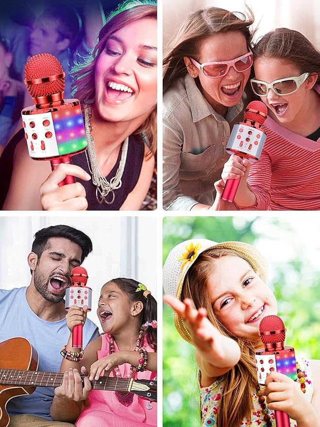 BlueFire 4 in 1 Karaoke Wireless Microphone with LED Lights, Portable Microphone for Kids, Great Gifts Toys for Kids, Girls, Boys and Adults (Red)