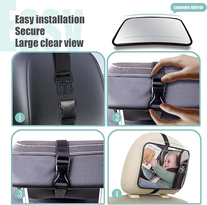 Baby Car Mirror, Universal Fit, Headrest Mount, Shatterproof, Stable, Easy Install, Compatible with Most Cars & SUVs