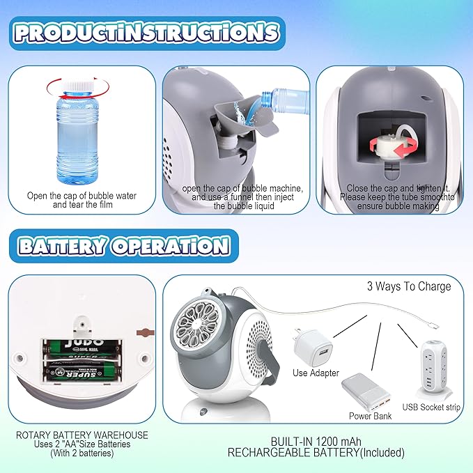 Big Bubble Machine - Automatic Bubbles Blower for Kids, Toddlers - 360° Oscillation & 75° Adjustment, Bubble Toys with LED Light - Gifts for Boys, Girls, Easter, Outdoor, Birthday, Party Use