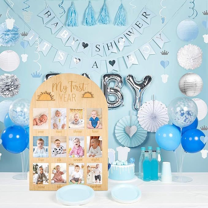 R HORSE My First Year Photo Display Wood Board, 3D Boho Sun Baby's First Year Picture Frame 12 Months Milestone Board Neutral Baby Keepsake Birthday Nursery Decor Gift for Boy Girl