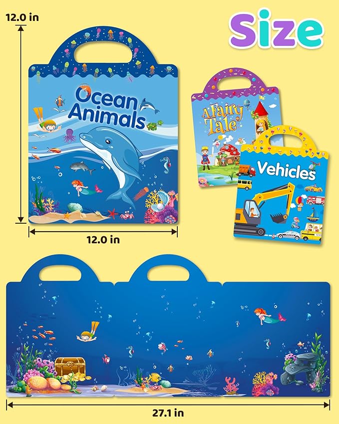 Benresive Reusable Sticker Books for Kids 2-4, Sticker Books for Toddlers 1-3 2-4, Toddler Travel Toys Activities Crafts Gifts - Ocean Animals, Fairy and Vehicle