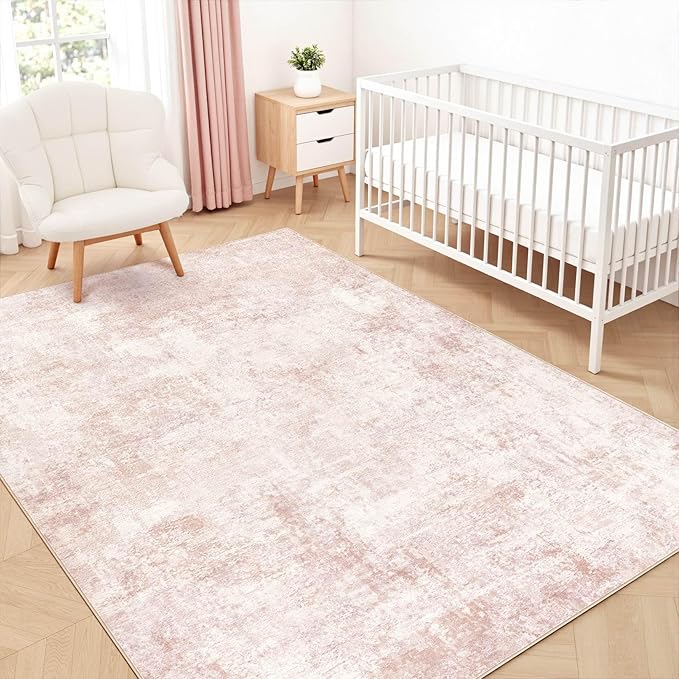 Pink Rugs for Bedroom Girls: 5x7 Washable Large Modern Soft Area Rug Indoor Non-Slip Cute Carpet for New Parents Aged 25-45 - Living Room Nursery Kids Playroom Preppy Room Baby Room Decor