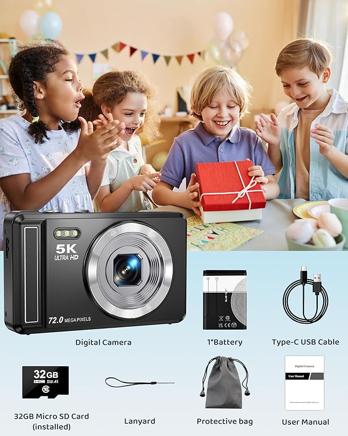5K Digital Camera - 72MP UHD Digital Cameras for Photography - Autofocus Point and Shoot Small Camera with Flash for Kids - 2.8 Inch Screen Compact Portable Vlogging Camara with 16X Zoom, 32GB SD Card