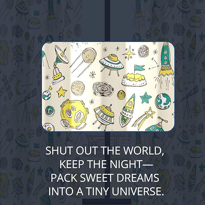 Kids Space UFO and Rocket Blackout Curtains - 100% Blackout, Thermal Insulated, Noise Reducing, Perfect for Kids Room and Nursery, 2 Panels (Space Explorer Sketchbook, W52×L63)