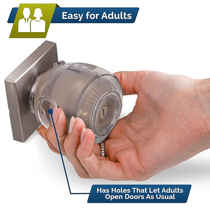 Child Safety Door Knob Cover (4 Pack) Hard-to-Remove Dual-Lock Door Handle Covers for Kids - Reusable Baby Proof Door Knob Locks - Installs Easily, No Tools Needed (Clear)
