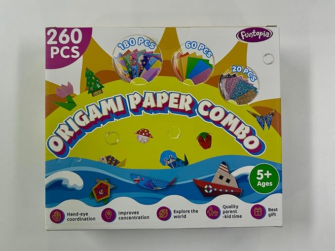 Origami Kit for Kids Ages 5-8 8-12, 260 Sheets Origami Paper with 99 Patterns and Guiding Book, Funtopia DIY Craft Art Projects Supplies for Boys Girls, Travel School Vacation Activities Toy